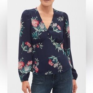 Banana Republic Floral Print Empire Waist Blouse Navy Blue V neck
